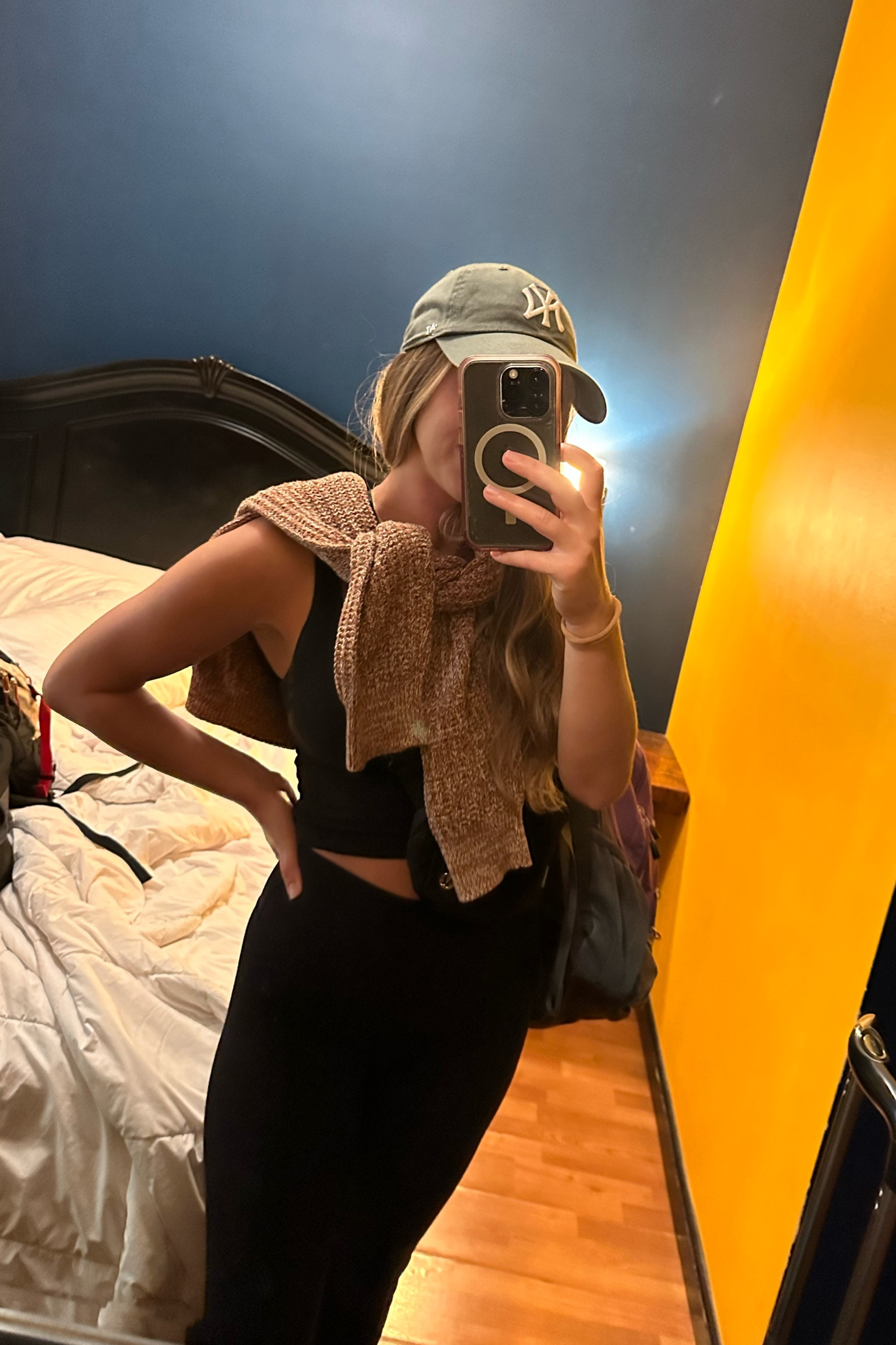 Travel day fit ✈️ All lululemon align in black, tan knitted sweater from Target , NY hat in green | comfy travel outfit 

#LTKtravel #LTKstyletip #LTKbeauty