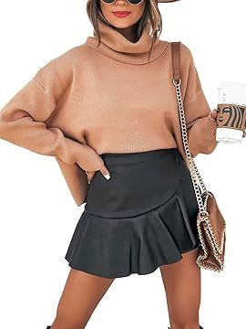 NIMIN Faux Leather Skirts for Women High Waisted Ruffled Hem Mini Skirt with Short Lining | Amazon (US)