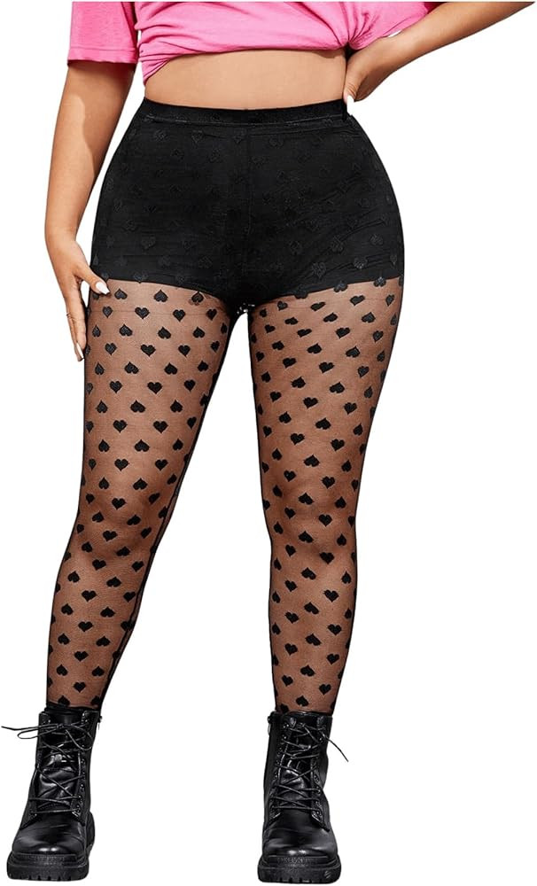 OYOANGLE Women's Plus Size Heart Print Mesh Sheer Pantyhose High Waist Control Top Stockings Foot... | Amazon (US)