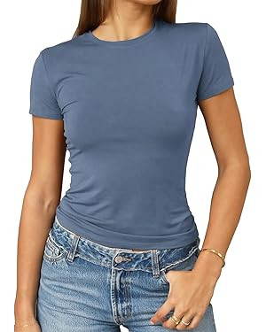 Abardsion Women's Casual Basic Going Out Crop Tops Slim Fit Short Sleeve Crew Neck Tight T Shirts... | Amazon (US)