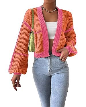 COZYEASE Women's Color Block Crop Cardigan Top Bishop Long Sleeve Open Front Sweater | Amazon (US)