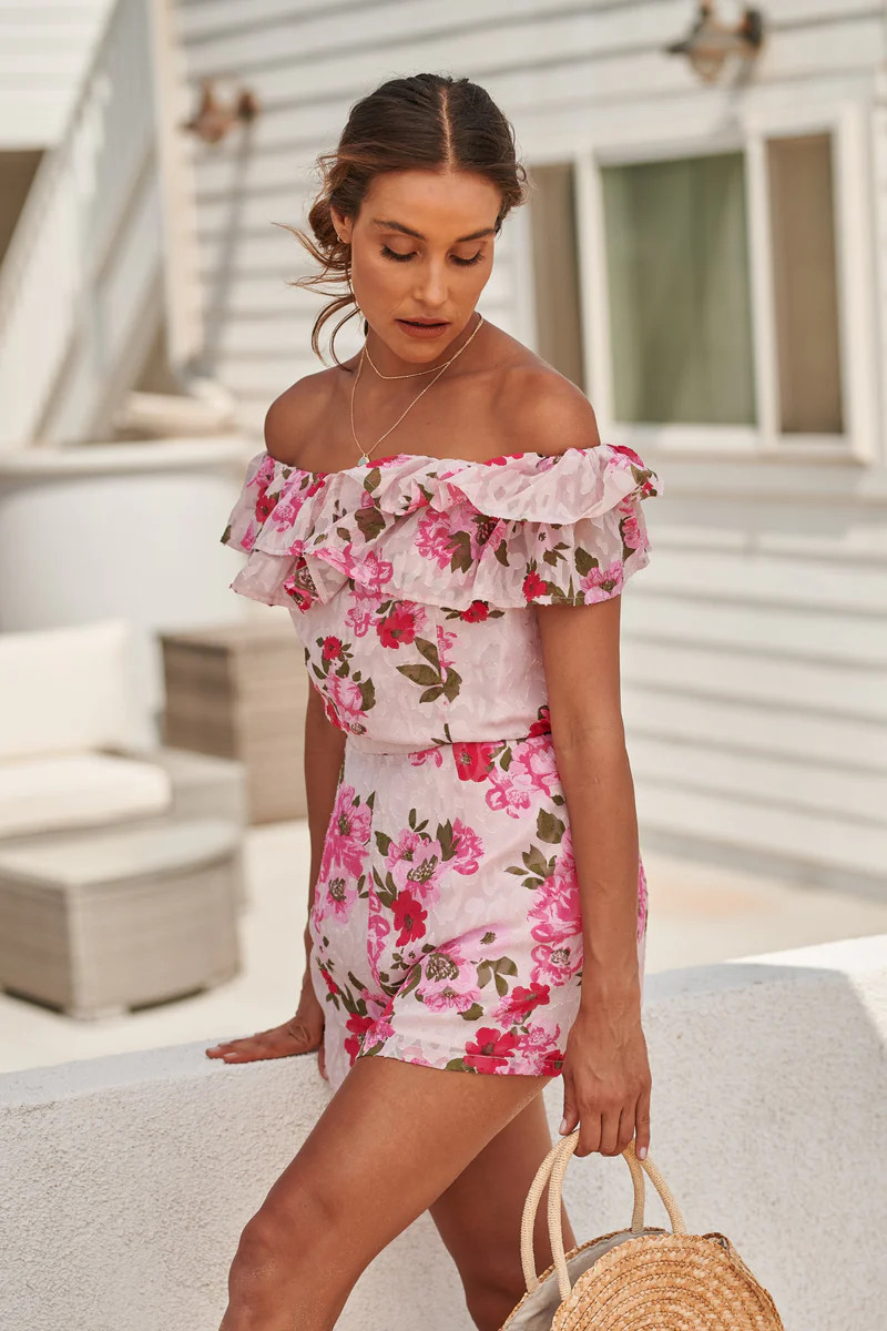 Celia Floral Off the Shoulder Ruffled Romper | Sugarlips