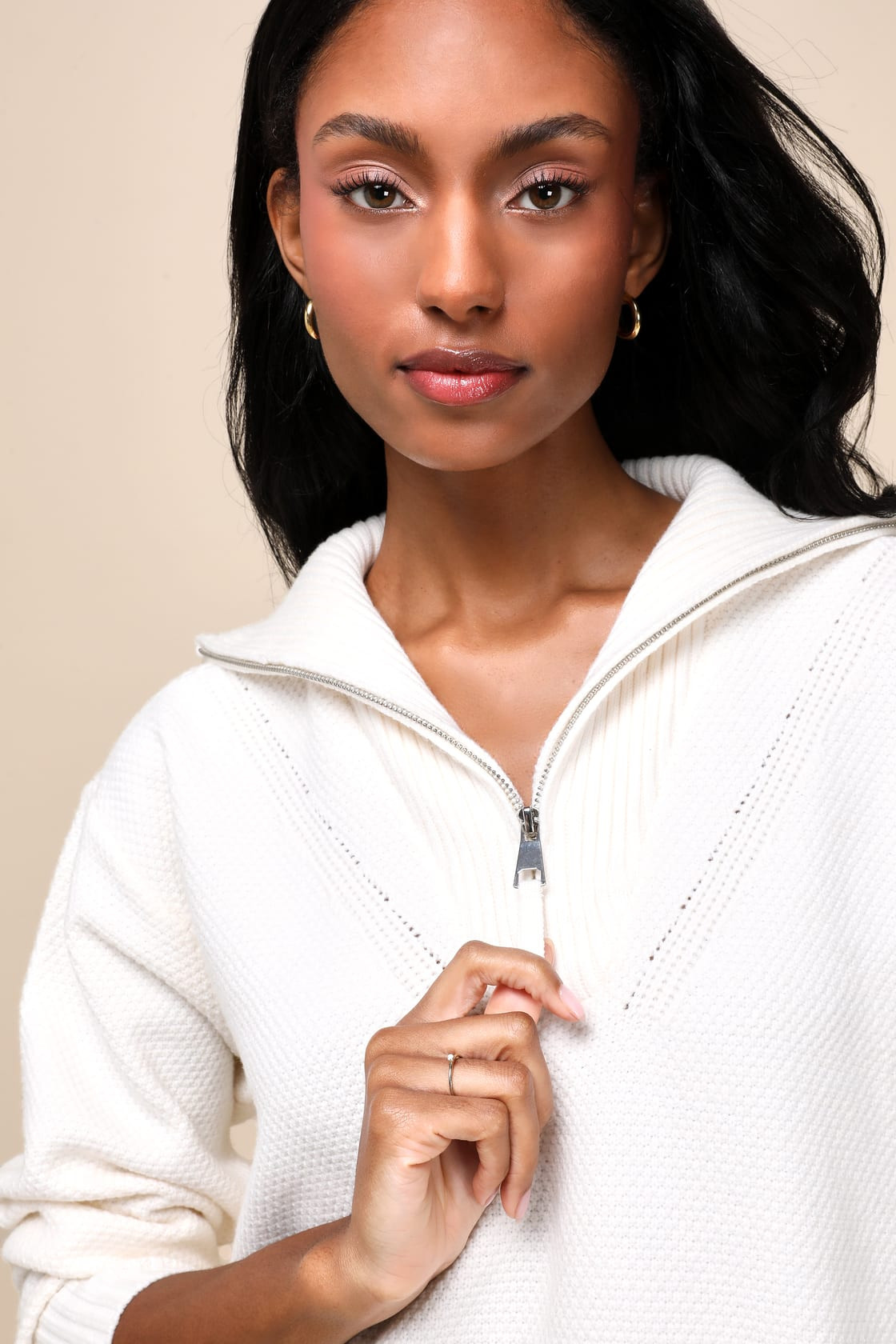 Luxurious Comfort Ivory Waffle Knit Quarter-Zip Pullover Sweater | Lulus
