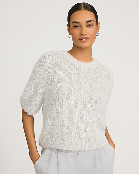 Fuzzy Sequin Crew Neck Short Sleeve Relaxed Sweater | Express