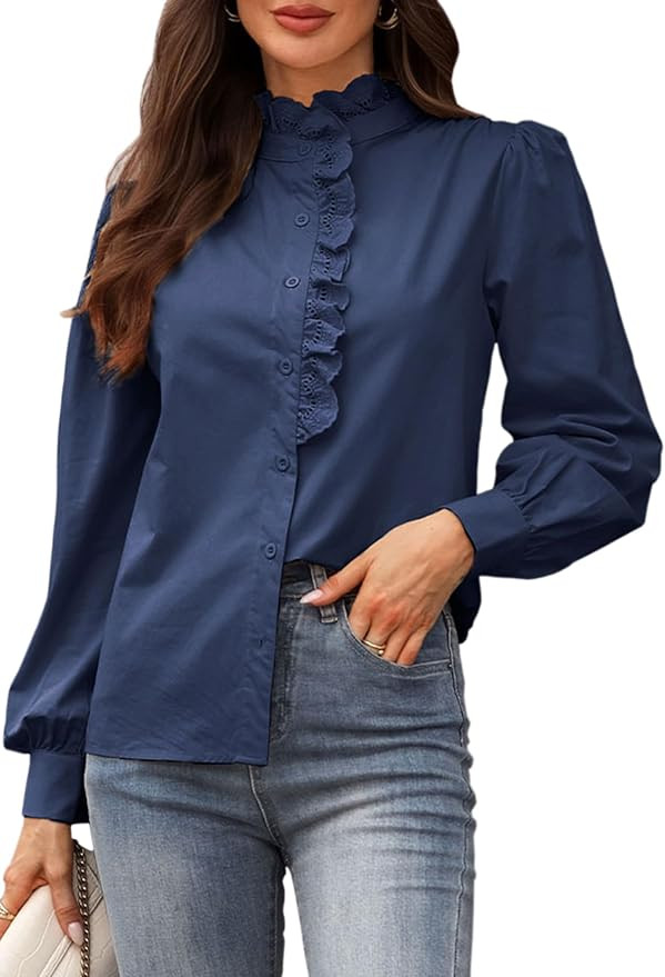 Women's Fall Shirts 2025 - Ruffle Collar Button Down Tops Fall Dressy Elegant Solid Retro Work Ca... | Amazon (US)