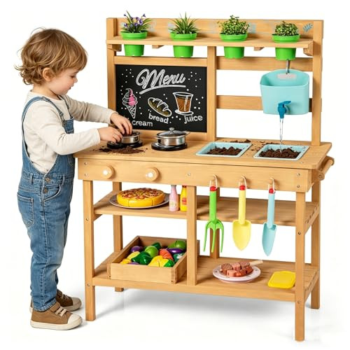HONEY JOY Mud Kitchen with Running Water, Fir Wood Play Kitchen for Toddlers, 4 Planter Pots w/Accessories, Chalkboard, Sink & Faucet, Outdoor Kids Kitchen Playset for Garden Fun, Natural | Amazon (US)