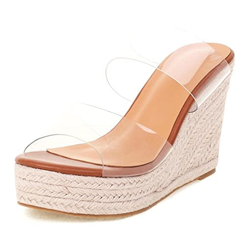 WIRALOMI Women Clear Wedge Heel Sandals Slip On Espadrilles Platform Sandals Slide Summer Beach Crystal Mules Sandals | Amazon (US)