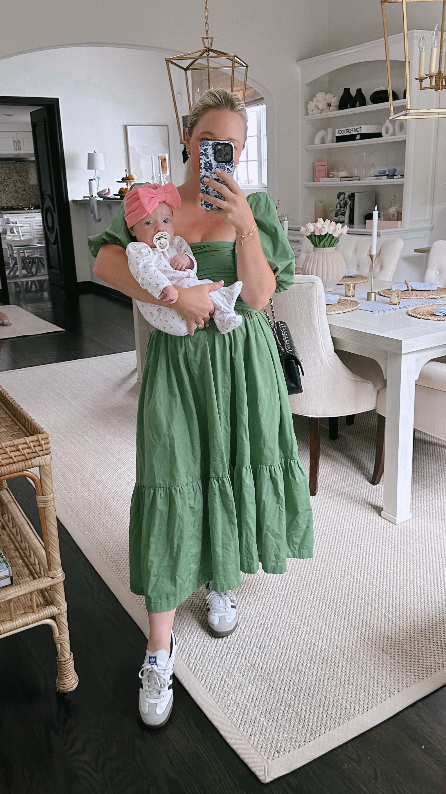 Green midi dress, puff sleeve. Wore throughout pregnancy and great for post partum too

Fits tts

Baby bow beanie

#LTKBaby #LTKBump #LTKFindsUnder100