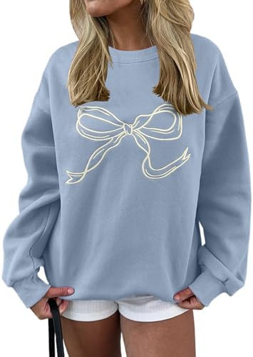 Women Oversized Sweatshirt Bow Crewneck Long Sleeve Fleece Pullover Top Clean Girl Aesthetic Fall... | Amazon (US)