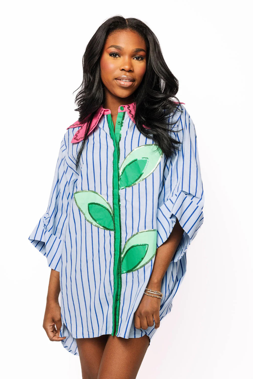Pale Blue Striped Flower Collar Button Up Cotton Tunic | Queen of Sparkles