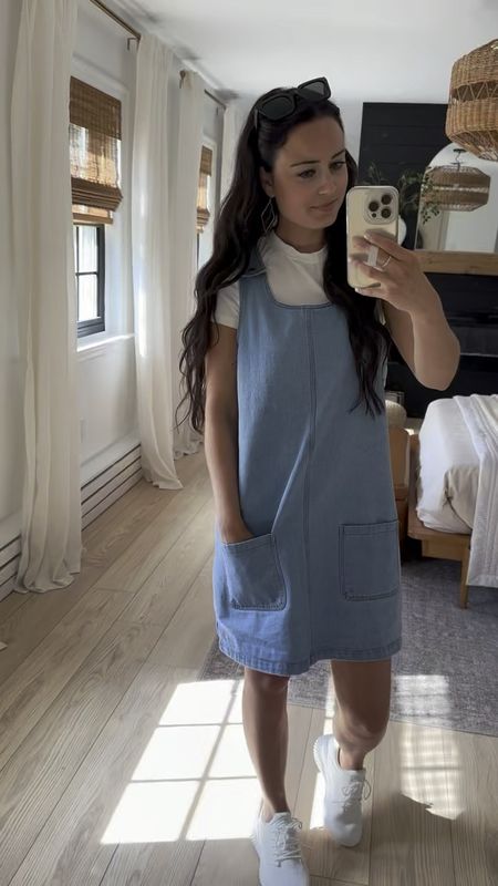 Comfy denim overall dress - color: blue. Size: small. 
Plain white tee size small. 
White sneakers true to size! 



#LTKstyletip #LTKfindsunder50 #LTKActive