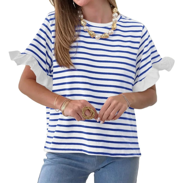 Summer Stripe Printed Short Sleeved Crew Neck Casual Shirt Tops | Walmart (US)