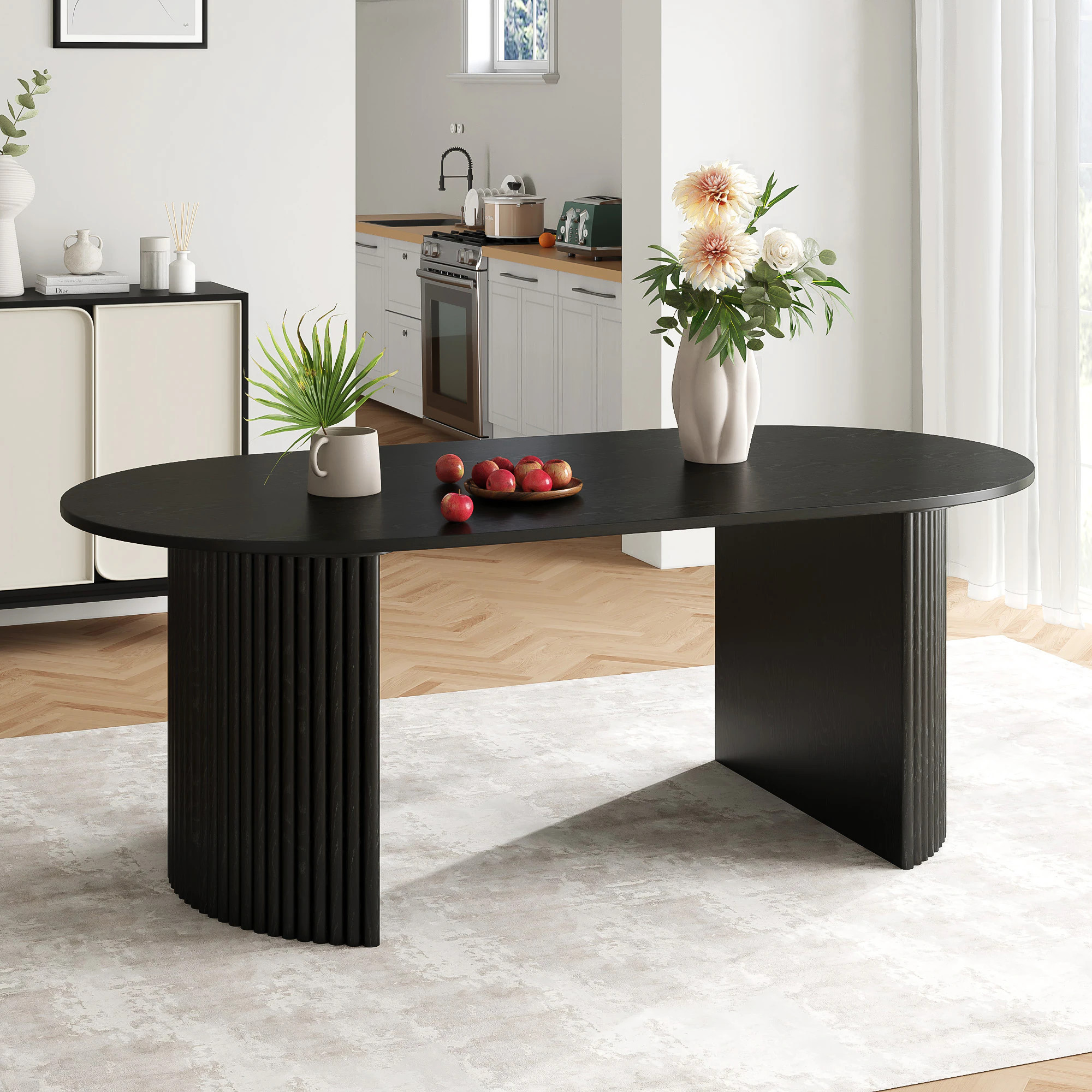 Dovelina Solid Wood Modern Dining Table Kitchen Table with Fluted Base for 6 People one_size in Black | LS0102-092502 | Lowe's