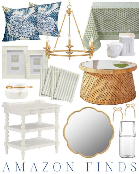 designer pillow | floral pillow | rattan coffee table | scalloped mirror | green tablecloth | woven frames | spindle table | bow earrings | spring outfit | grandmillennial home | traditional home | brass chandelier | block print tablecloth | blue floral

#LTKhome #LTKstyletip #LTKbeauty