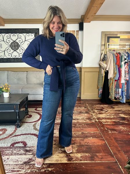 Flare high waisted jeans (16), tie front sweater (xl), fall fashion, fall outfit 

#LTKcurves #LTKmidsize #LTKover40