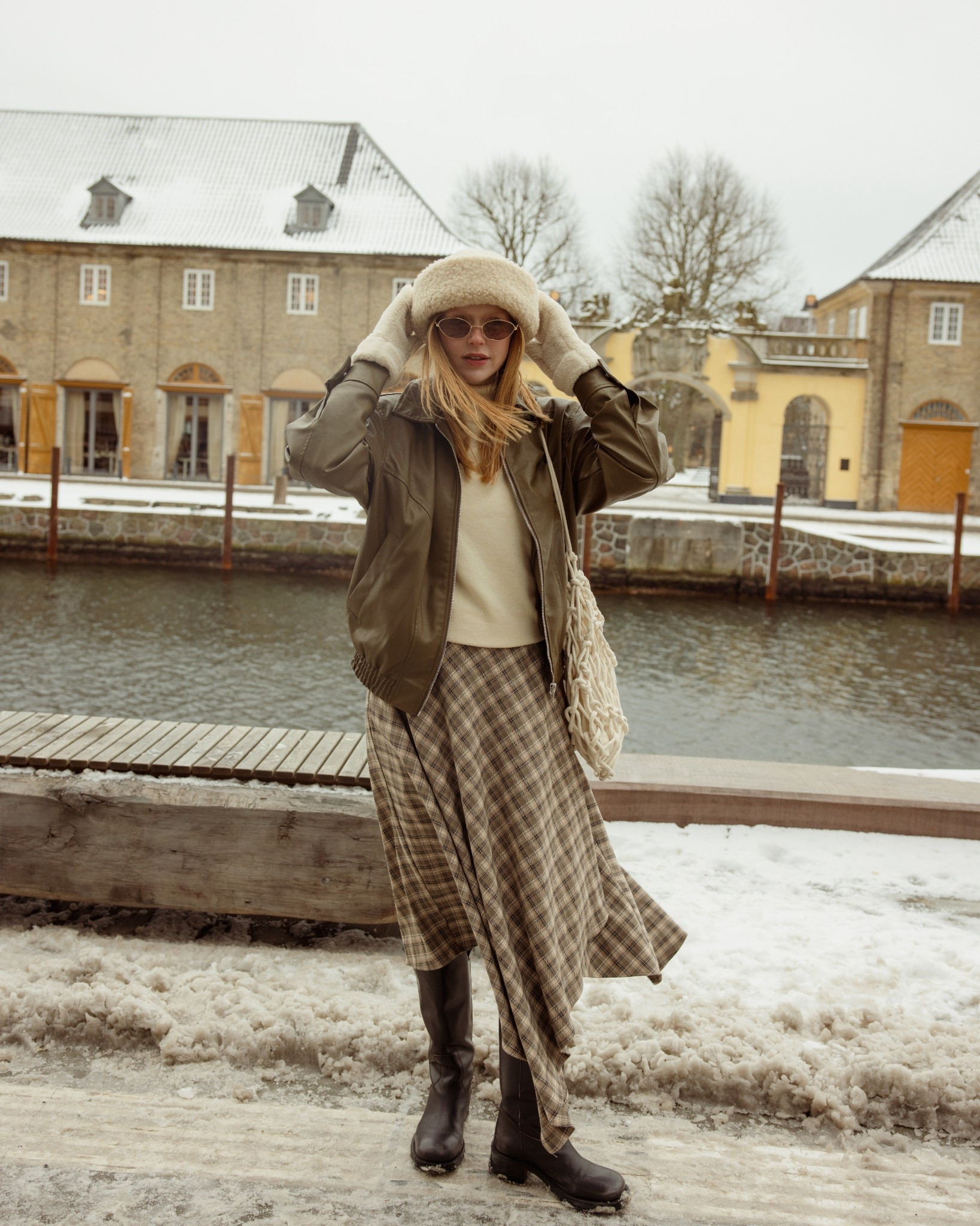 Leather Jacket, Khaki Green, Checkered, Tartan, Skirt, Maxi Skirt, Knee High Boots, Alohas, Winter Bag 

#LTKwinter #LTKuk #LTKFashionMonth