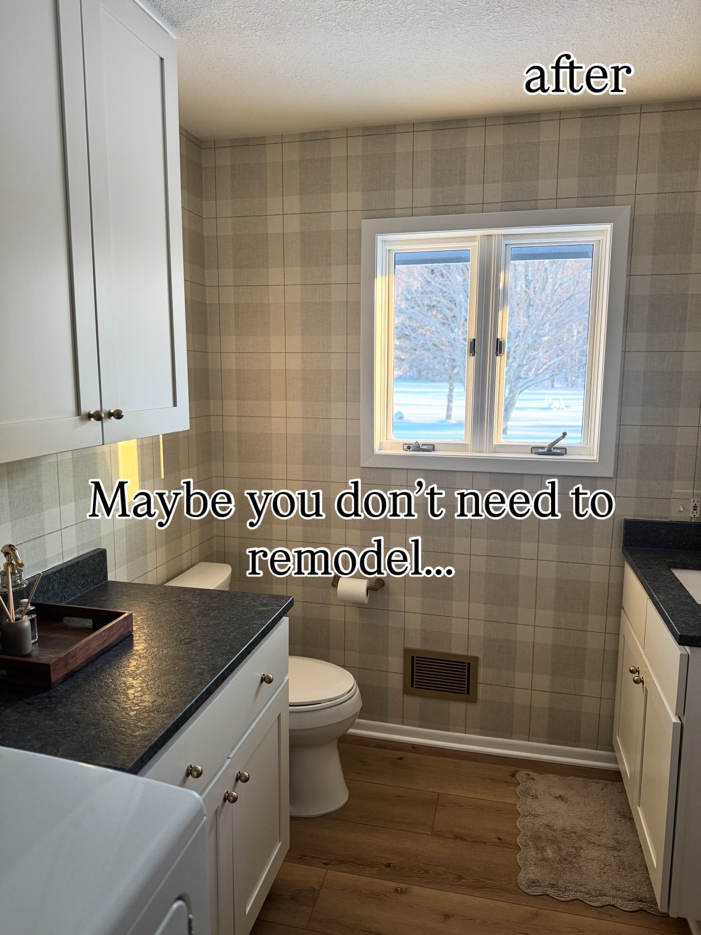 Maybe you don’t need a remodel… maybe you just need a refresh✨

Yes—sometimes a full gut job is necessary for structural or safety reasons. But if the issue is the *look* or you’re just tired of staring at the same thing every day, a total overhaul might not be the answer.

I refreshed this space for *under $450*, and I’m honestly obsessed with how it turned out. I wanted a utility bathroom that still felt **warm, cozy, welcoming, and organized**—especially since guests use this space often. No clutter, no chaos… just intentional and pulled together.

Here’s the real-life breakdown 👇
• Light fixture – $60
• Mirror – $60
• Gold metallic wax – $14
• Wallpaper – $210
• Rug – $10
• Decor – $15
• Knobs – $27 
• Bins - $40
Small, thoughtful updates can completely change how a space *feels* without tearing everything out. Proof that a refresh can be just as impactful as a remodel 🤍

If you’re interested in a refresh, DM me—I can help you get started or do the entire virtual design for you!
Comment SHOP for 🔗 links 👇