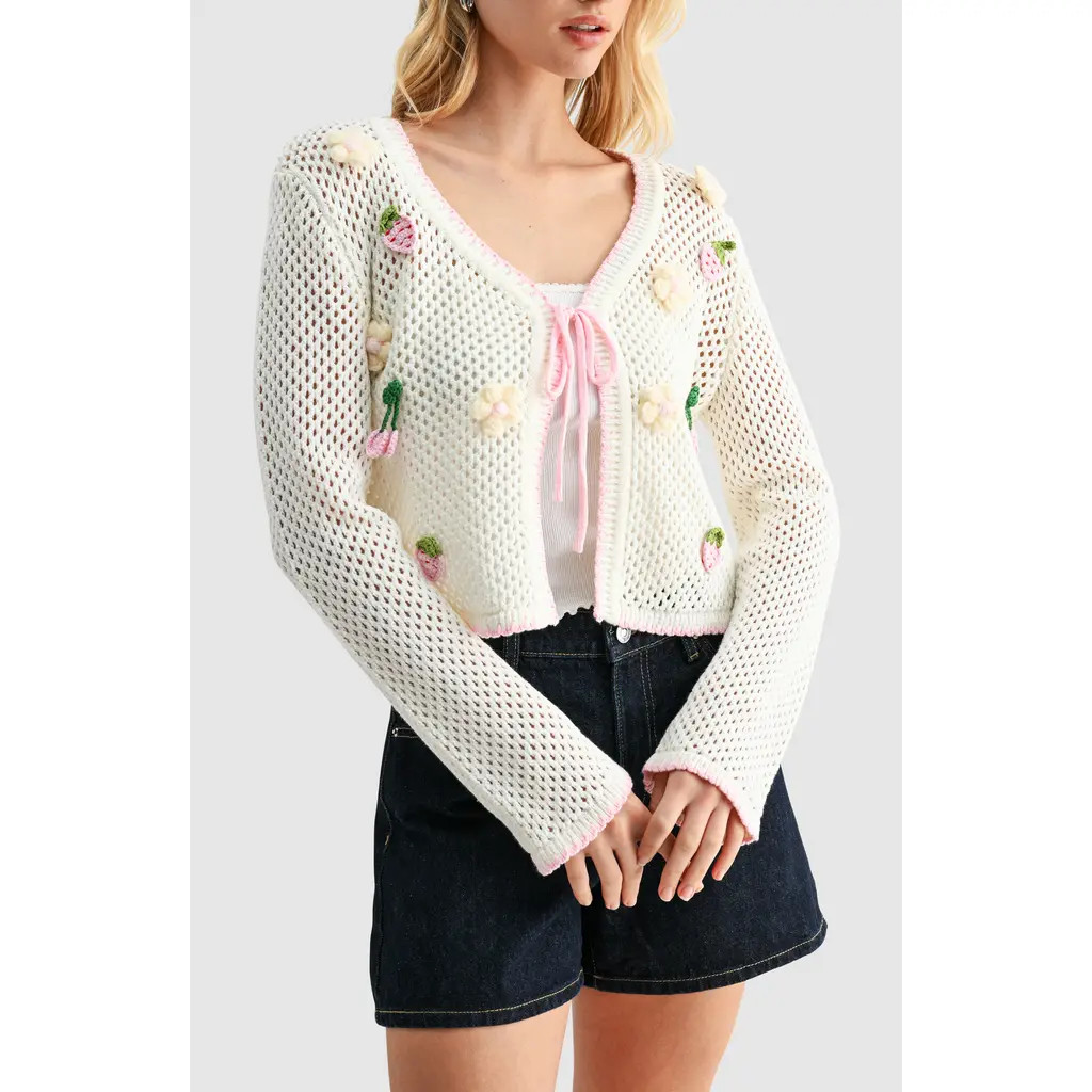 All in Favor Crochet Appliqué Tie Front Open Stitch Cardigan in Cream Pink at Nordstrom Rack, Size Small | Nordstrom Rack