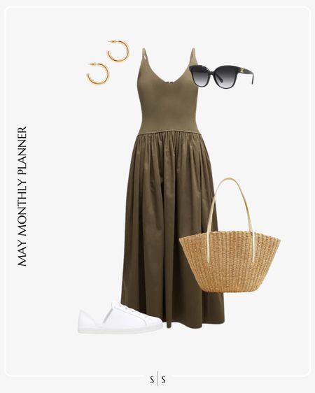 Monthly outfit planner: MAY: Spring looks | olive maxi dress, straw tote, white sneaker, sunglasses 

See the entire calendar on thesarahstories.com ✨ 


#LTKstyletip