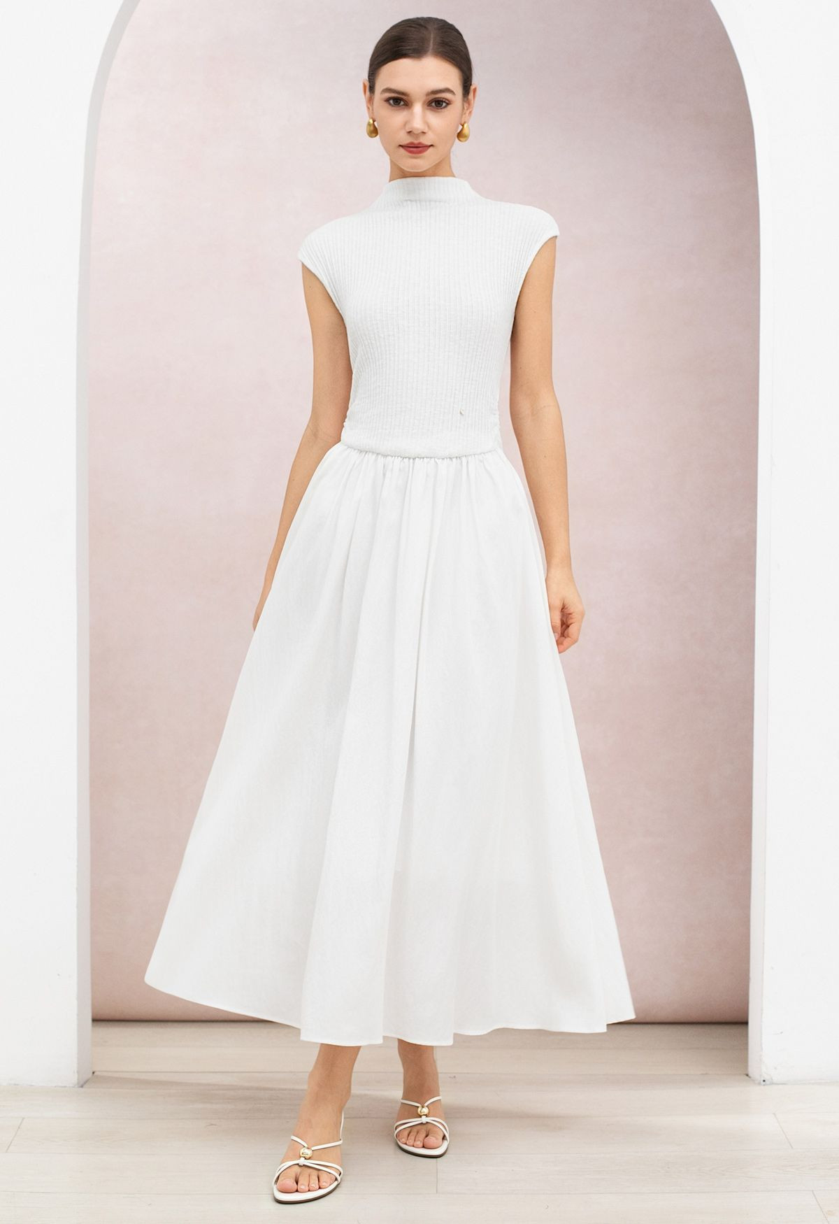 Mock Neck Ribbed Knit Panel Maxi Dress in White for Office Days & Evening Events | Chicwish