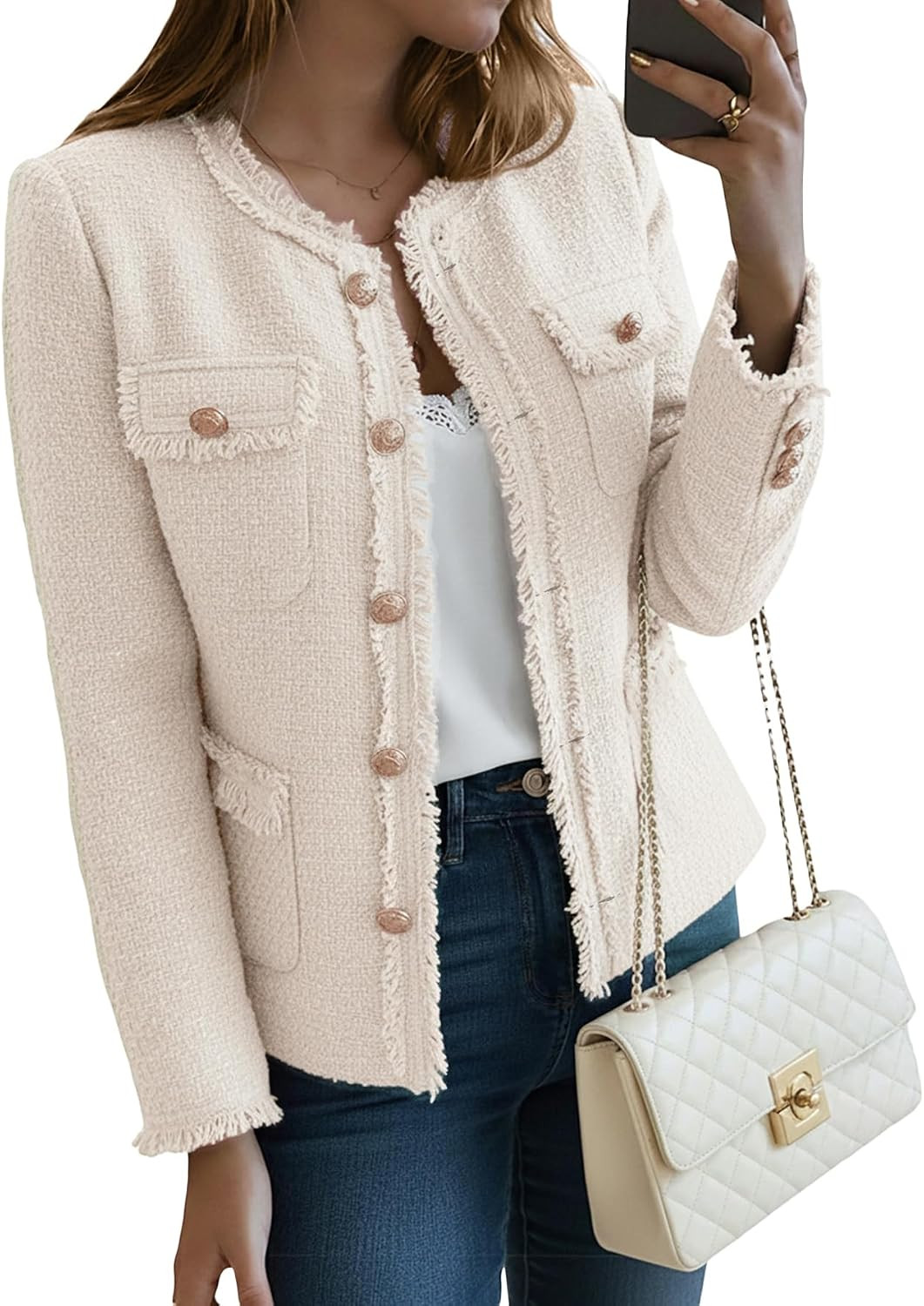 MinaSelf Womens Tweed Blazer Jacket Crewneck Open Front Office Coat Pockets | Amazon (US)