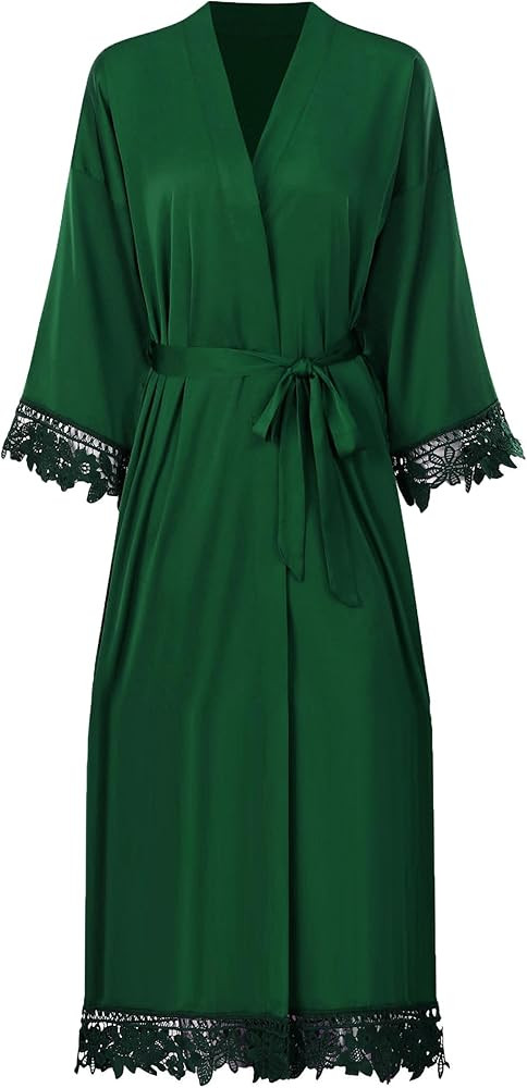 Women's Lace Trim Long Satin Kimono Bridal Robes for Bride and Bridesmaid - Wedding Gifts | Amazon (US)
