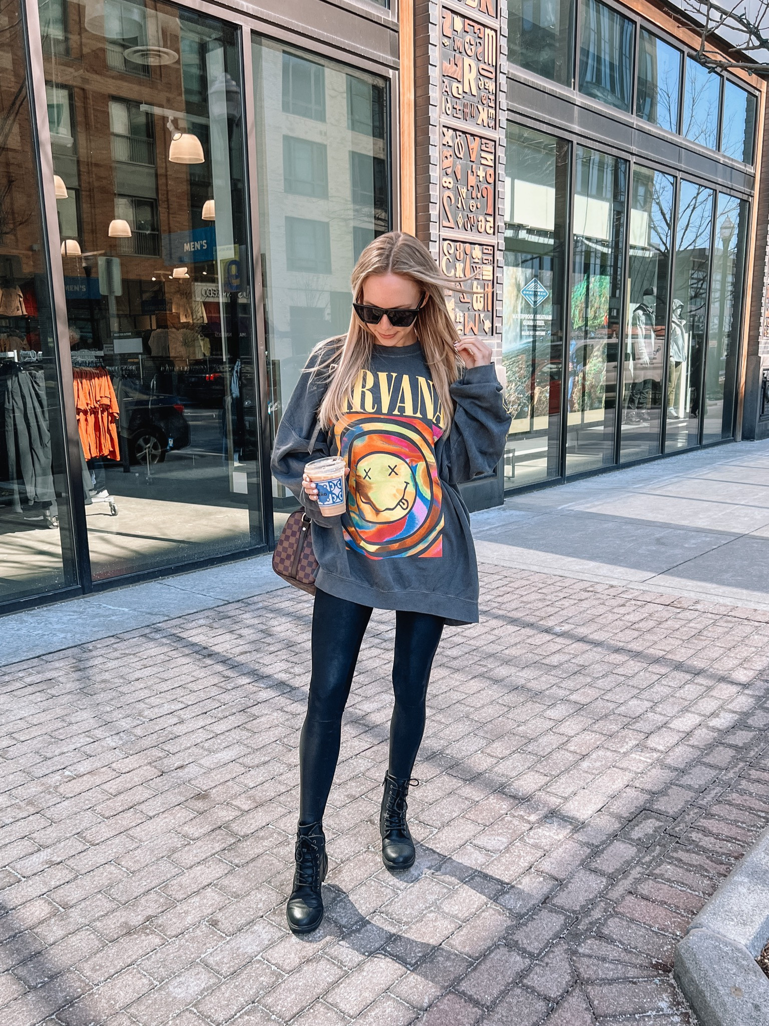 Nirvana sweatshirt, spanx faux leather leggings, black combat boots, cat eye sunglasses, fall outfit, oversized sweatshirt 

#LTKunder100 #LTKunder50 #LTKSeasonal