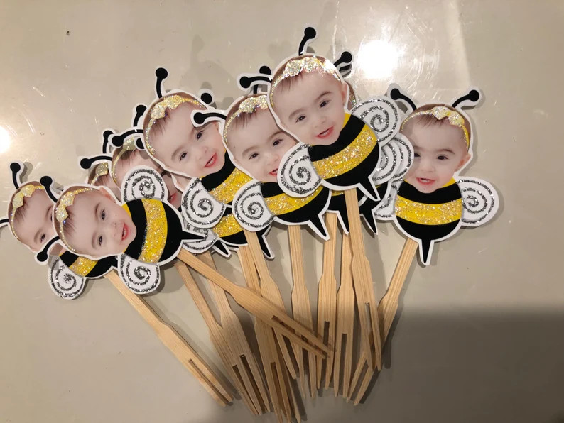 Personalized bumble bee photo cupcake toppers with glitter. set of 12 Waterproof with glossy fini... | Etsy (US)