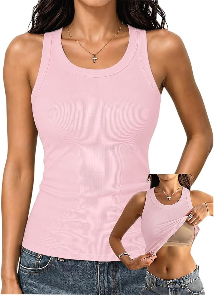 Danysu Racerback Tank Tops with Built in Bra for Women High Neck Ribbed Basics Fitted Long Bra Ta... | Amazon (US)