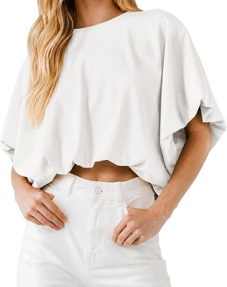 Women's Bubble Hem Crop Tops Summer Short Sleeve Crewneck Loose Fit Casual Cropped T Shirts Soft ... | Amazon (US)