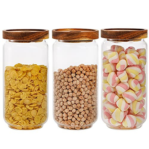 Bekith 3 Pack Glass Storage Containers with Airtight Seal Acacia Wood Lids, 31.6 FL OZ (950ml) Clear Glass Food Storage Jars for Kitchen, Glass Pantry Canister for Spaghetti Pasta, Coffee, Beans | Amazon (US)