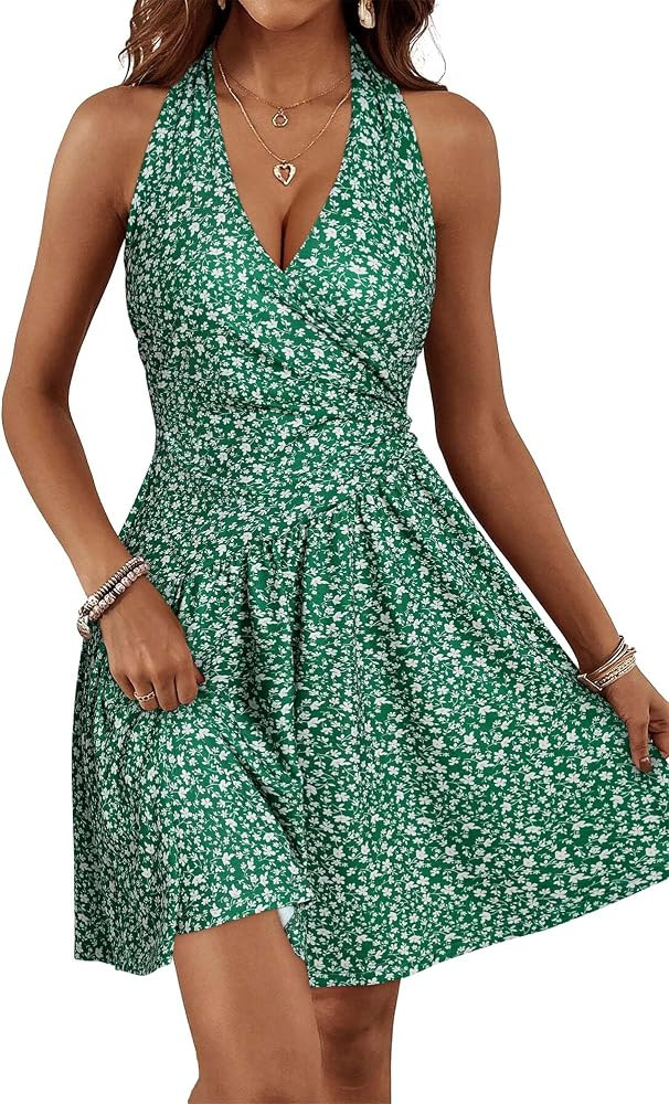 FENSACE Women's Summer Halter Dress Sexy Wrap V Neck Sleeveless Floral Sun Dress | Amazon (US)