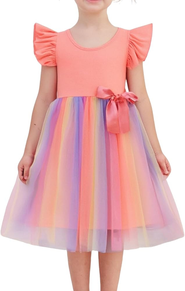 Girls Tulle Dress Toddler Ruffle Sleeves Bow Princess Party Casual Tutu Dresses | Amazon (UK)