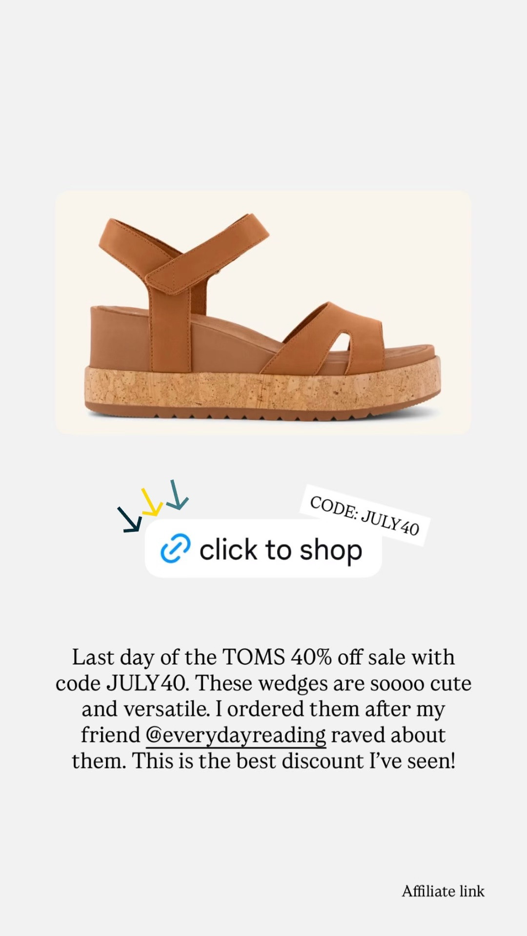 Last day of the TOMS 40% off sale with code JULY40. These wedges are soooo cute and versatile. I ordered them after my friend @everydayreading raved about them. This is the best discount I’ve seen!

CODE: JULY40

#LTKSaleAlert #LTKOver40 #LTKSeasonal