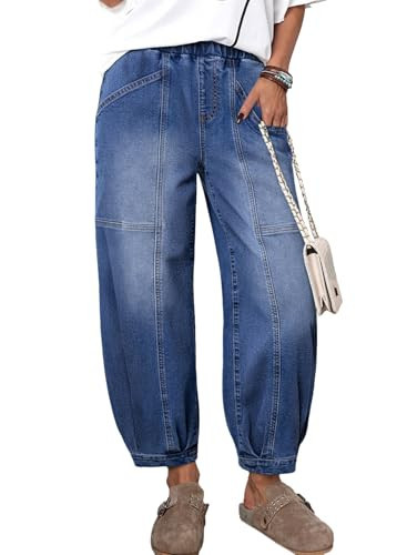 Sidefeel Mid Rise Barrel Jeans for Women Wide Leg Mid Waist Cropped Denim Pants Y2k Baggy Boyfriend Jeans with Pockets Dark Blue Size 12 | Amazon (US)