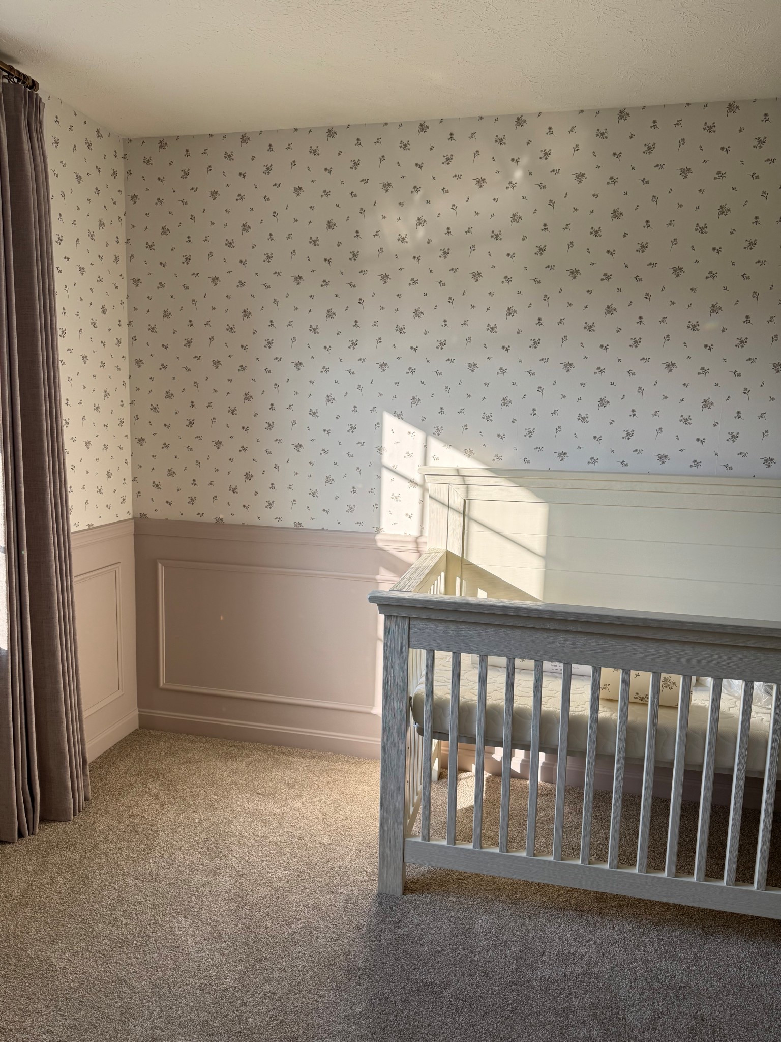 A sneak peak 💓 I was able to complete another wall of wallpaper in the nursery. I absolutely love it so far! 