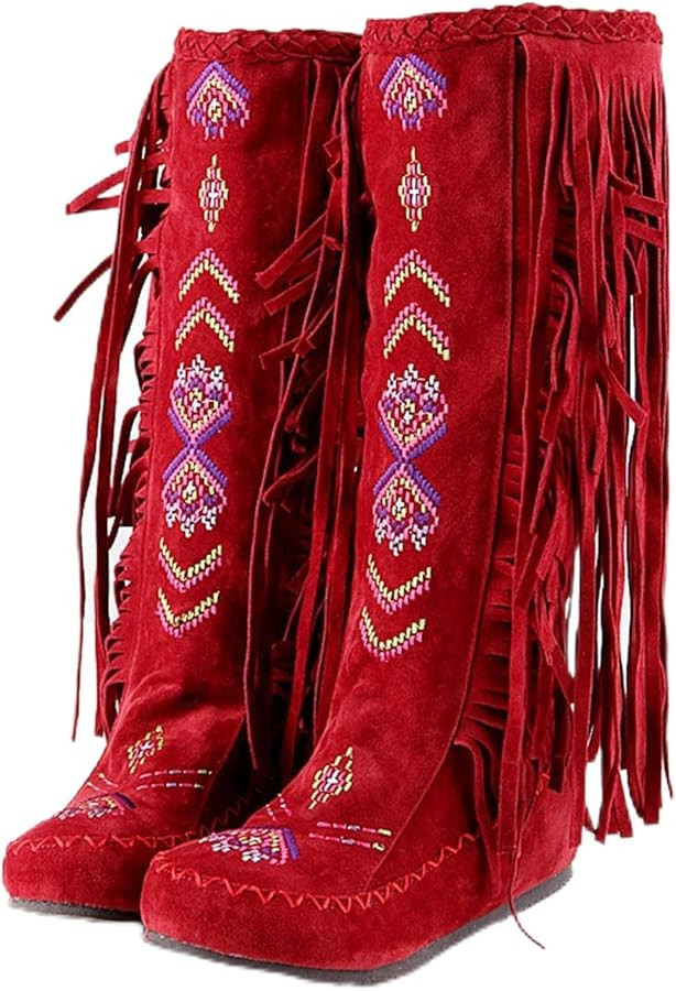 BORAMAX Women's Fringe Western Boots, Suede Embroidered Closure Fringe Mid Calf Knee High Flat Bo... | Amazon (US)