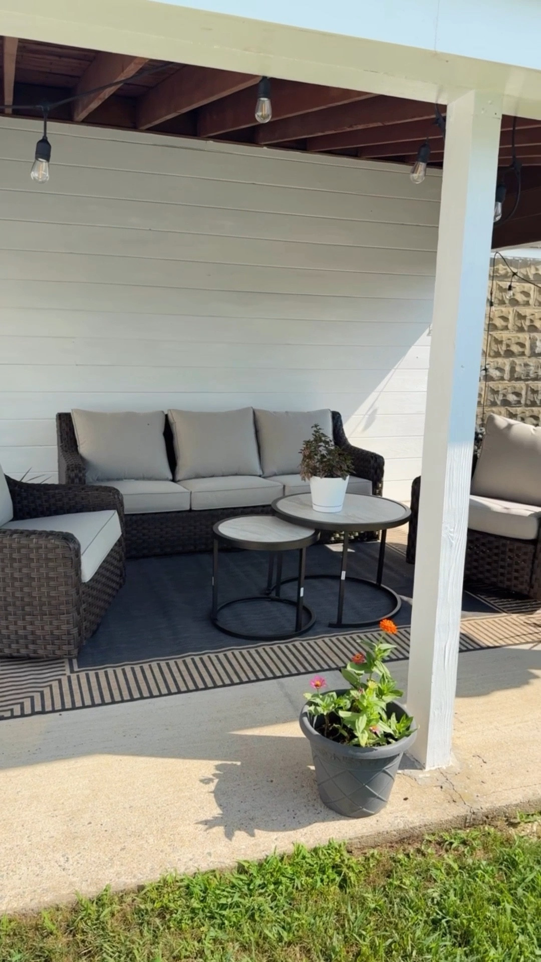 Walmart Better Homes & Gardens River Oaks Outdoor Sofa & 2 Nesting Table. 

#LTKHome #LTKSeasonal