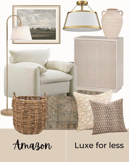 Amazon home luxe for less, accent cabinet, wall decor, ceiling lighting, vase, floor lamp, accent chair, basket, throw pillows, rug

#LTKStyleTip #LTKHome #LTKFamily