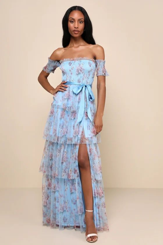 Pretty Whimsy Blue Floral Tiered Off-the-Shoulder Maxi Dress | Lulus