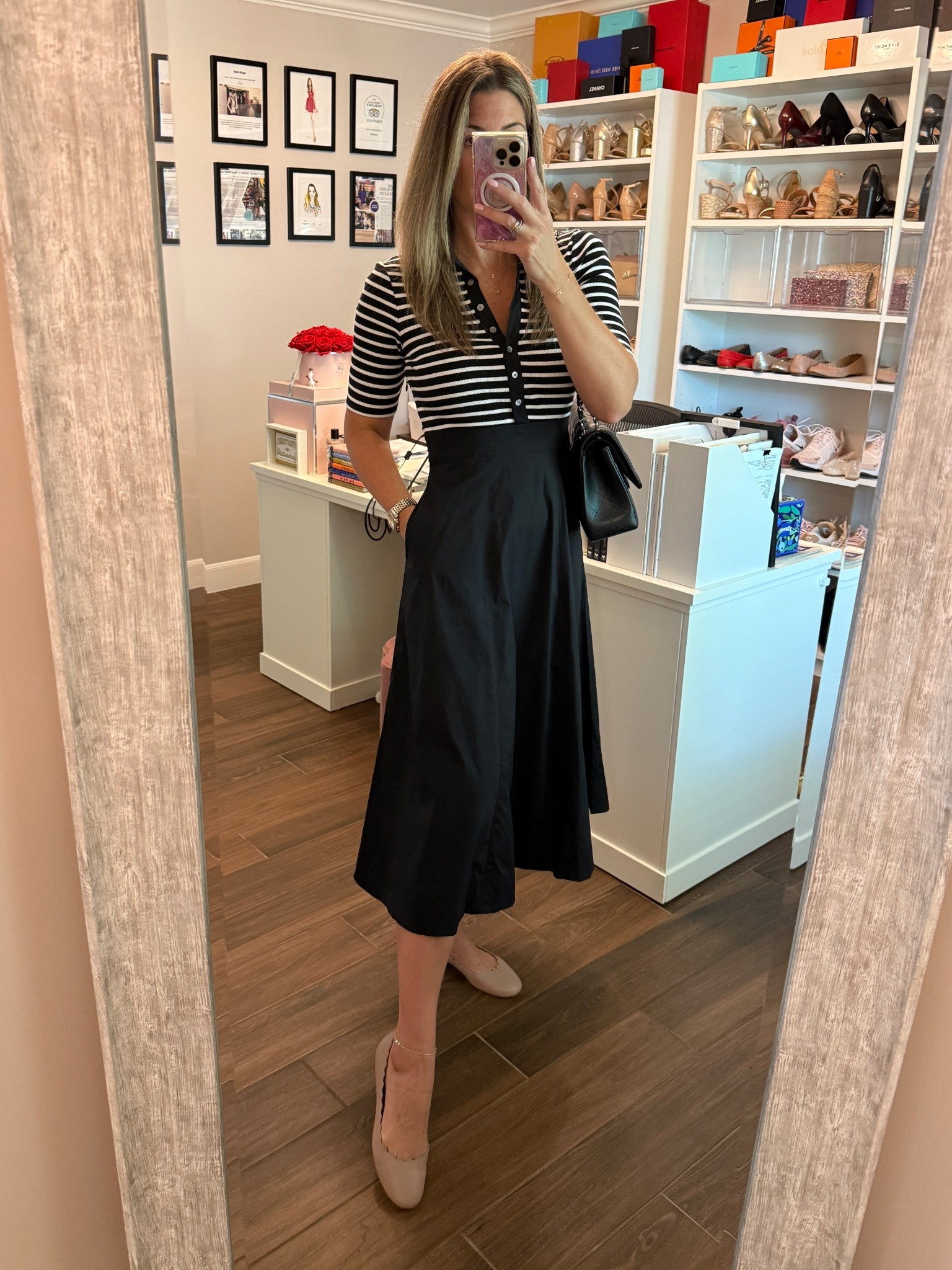 Polished and put together in this striped midi dress. Love the collar, fitted waist and pockets, of course! 

The top half of this dress is also available in a shirt which I own and love! (Runs TTS)

Dress runs TTS. Wear size S. (if in between sizes size down.)

As for my classic, comfy flats I am a 9.5-10 and am wearing a size 40.5. 

#LTKWorkwear #LTKShoeCrush #LTKOver40