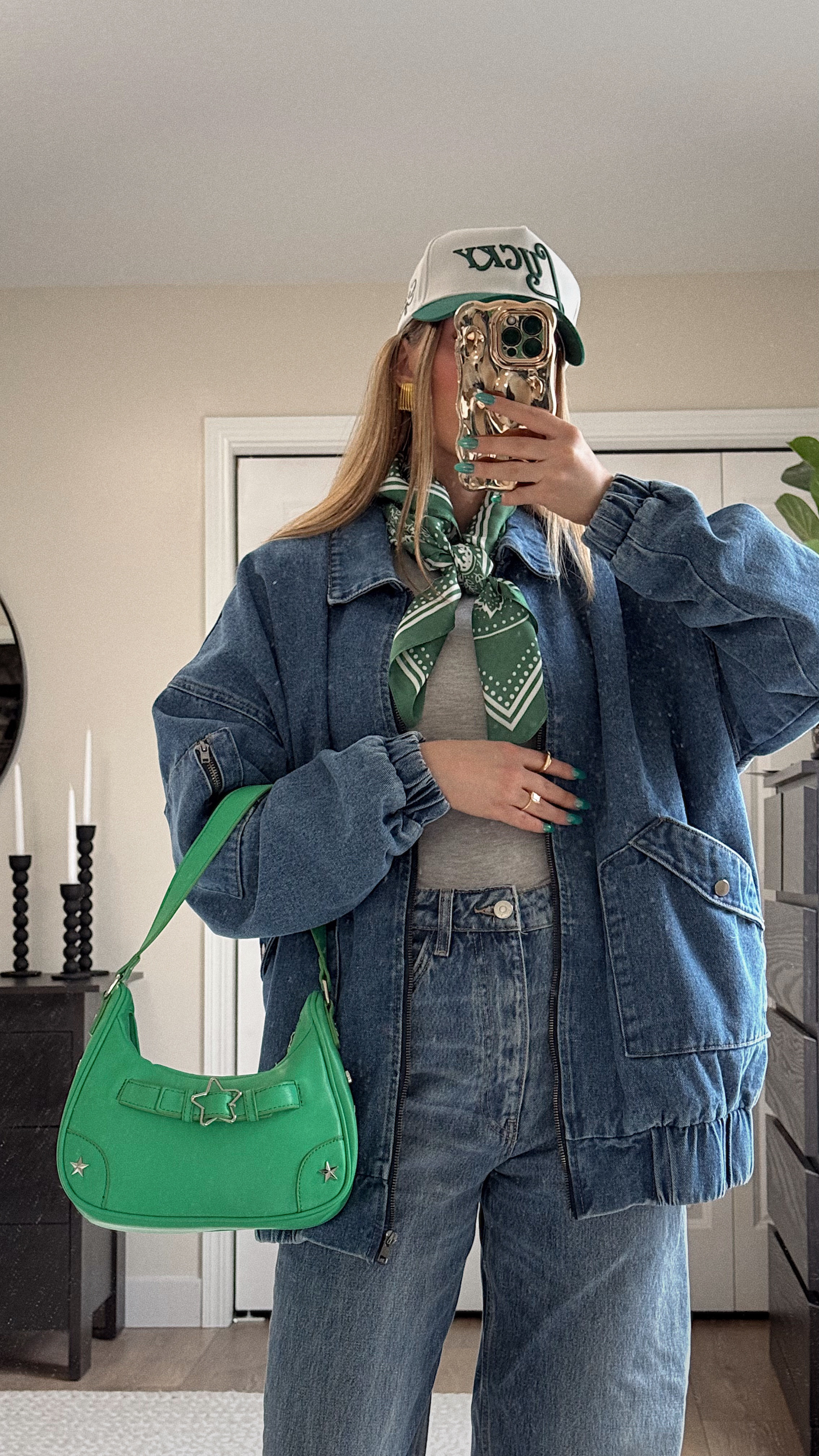 St.Patricks Say Outfit🍀 | Amazon - Citrusy Lucky trucker hat, Amazon earrings & ring, green y2k shoulder purse, green  bandana, Amazon gray long sleeve size: XS, Edikited denim zip up jacket size: S, Zara jeans 

#LTKSeasonal #LTKSpringSale #LTKStyleTip