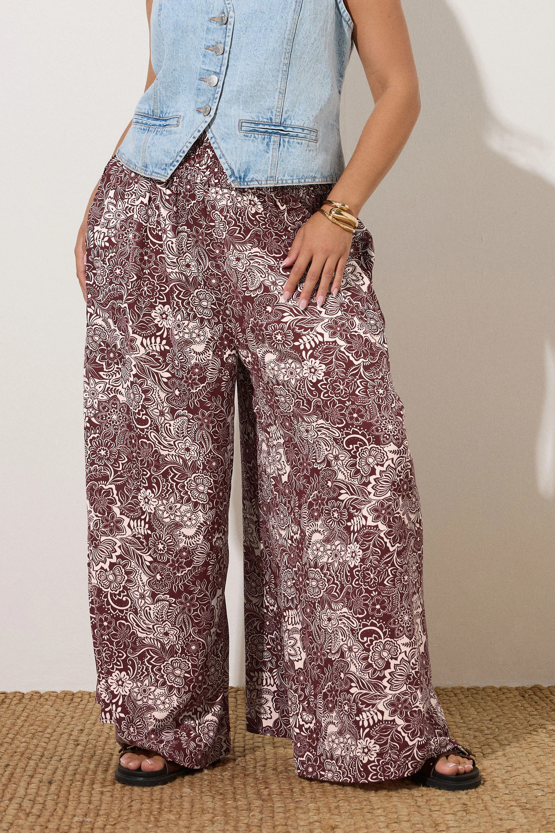 YOURS Plus Size Burgundy Red Paisley Print Wide Leg Trousers | Yours Clothing UK