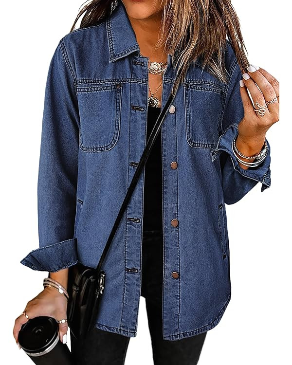 luvamia Denim Jackets for Women Trendy Long Sleeve Button Down Shirt Jacket Jean Shacket with Poc... | Amazon (US)