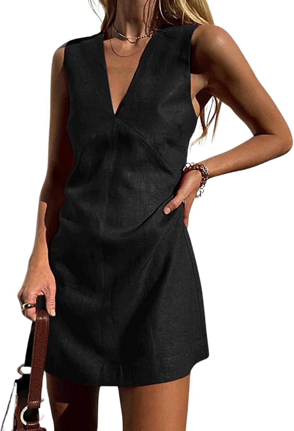 CHARTOU Women's Summer Sleeveless Mini Dress Cotton Linen V Neck Cinched A Line Slim Tank Short Dress | Amazon (US)