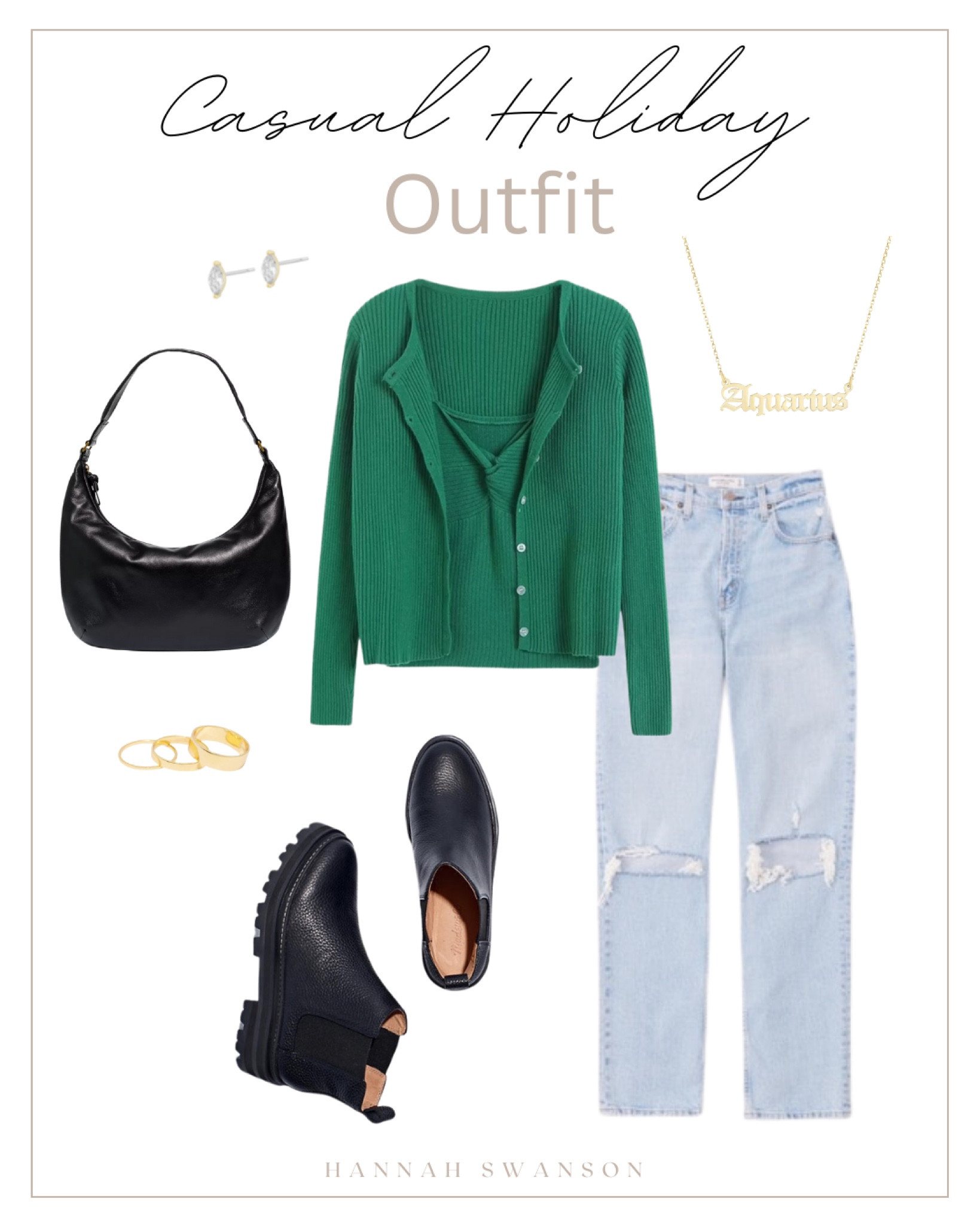 Casual look. Christmas casual. Holiday casual. Green top. Relax fit jeans. Holiday outfit. Christmas outfit. Mom outfit. Black booties. Necklace. Horoscope Necklace. Sun sign necklace. Black purse. Layered rings. Gold jewelry.. Gold stud earrings. Black boots

#LTKGiftGuide #LTKSeasonal #LTKstyletip