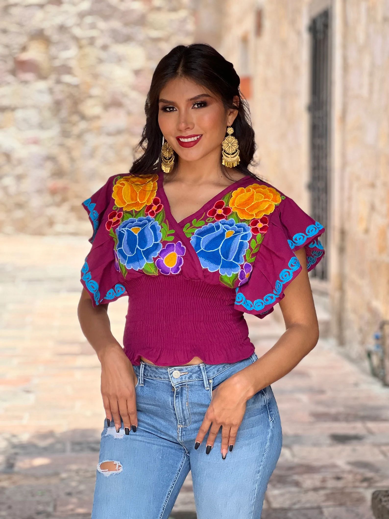 Mexican Embroidered Floral Top. Size S - 2X. Floral Butterfly Sleeve Crop Top. Low Cut Crop Top. ... | Etsy (US)