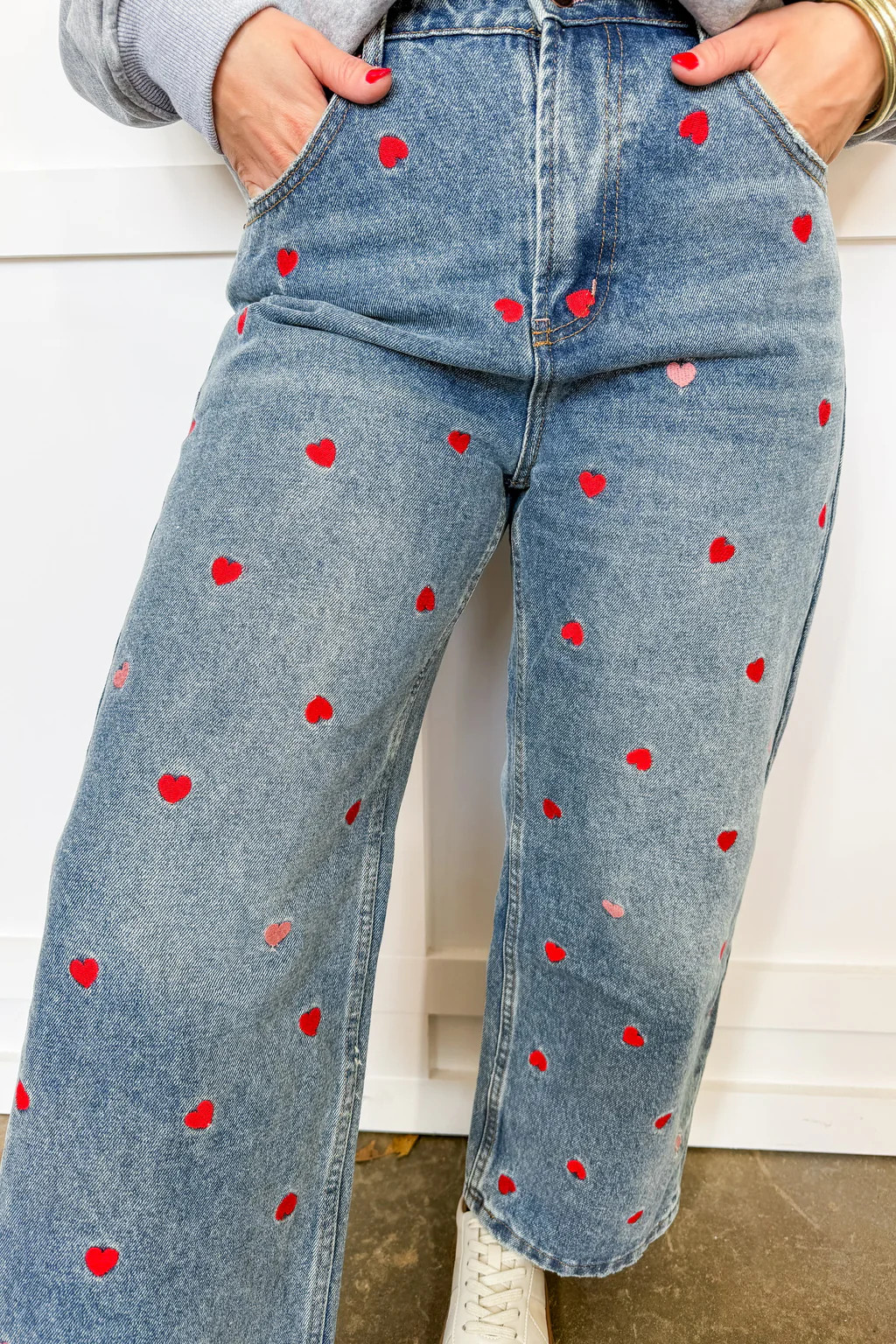 Sweetheart Embroidered Hearts Wide Leg Jeans | Jules & James Boutique