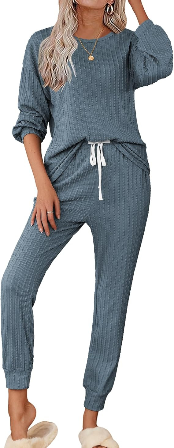 Ekouaer Pajamas Women's Ribbed Knit 2 Piece Matching Lounge Sets Long Sleeve Pullover Top and Pan... | Amazon (US)