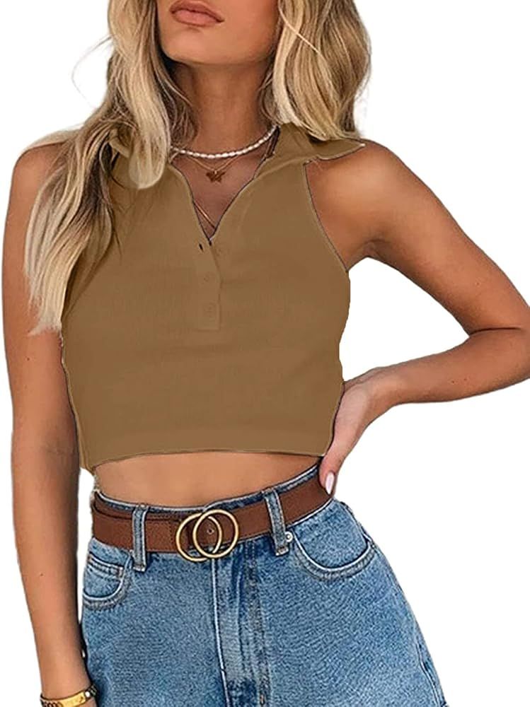 Sofia's Choice Women's Ribbed Knit Crop Top Turn-Down Collar Halter Cami Shirt | Amazon (US)